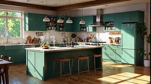 Video footage of spacious and inviting kitchen with green cabinets, a large island, and plenty of natural light streaming through the windows