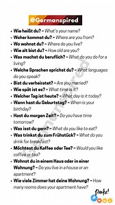 Here's a list of basic A1-level German questions with their English translations #learngerman #deutschlernen #germanlanguage #deutschkurs #german #deutsch #languagelearning #germanlearning #studygerman #germancourse #GermanVocabulary #LanguageLearning | Germanspired