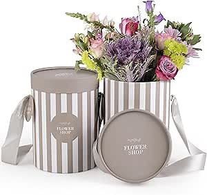 Striped Flower Hat Box 2 Pack | Round Flower Boxes for Arrangements | Satin Ribbon Handle & Waterproof Liner | Gift Box for Flowers with Lids