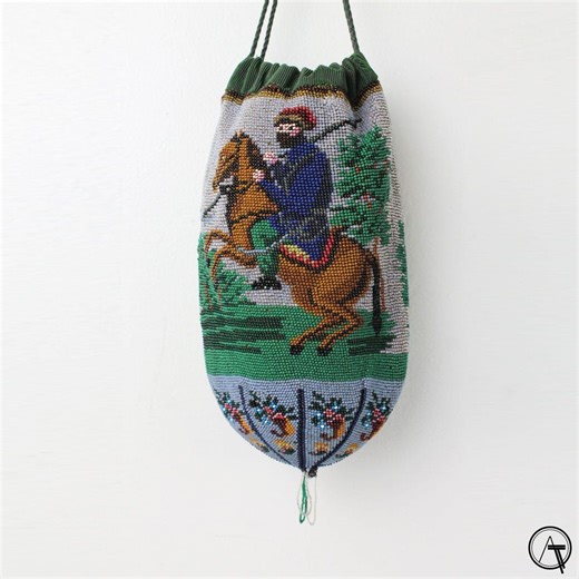 Antique Beaded Drawstring Purse C1900 Pictorial Horseman Scene Edwardian Micro Bead Evening Bag - Etsy