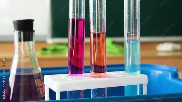 Three test tubes with liquids of different colors in a school chemistry class