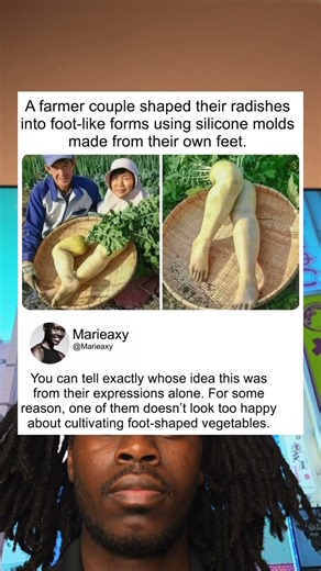 A farmer couple shaped their radishes into foot-like forms using silicone molds made from their