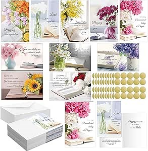 50 Pack Religious Praying for You Cards with Scripture Bible Verse Christian Encouragement Greeting Cards Bulk 10 Designs 4 x 6 Inspirational Prayer with Envelopes and Stickers(Flower)