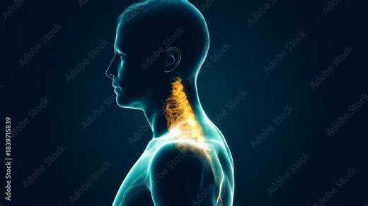 Medical 3D animation showing the human cervical spine anatomy, detailed view for educational