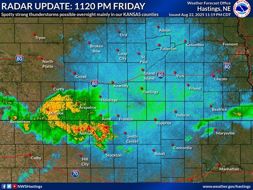 ******* OUTDATED radar loop from earlier Friday evening ** RADAR UPDATE: 1120 pm FRIDAY (a few strong to MAYBE severe storms possible overnight mainly in our KS counties) - KEY MESSAGES: - Through the overnight/early-Sat AM hours, at least spotty thunderstorm activity will remain possible MAINLY within the 6 counties in our NORTH CENTRAL KANSAS forecast area - MOST storms will be fairly weak, but a FEW could become strong to marginally-severe, capable of producing hail up to penny/quarter size a
