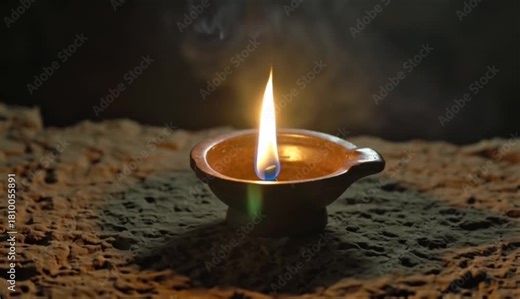 Prompt: A single, lit earthen oil lamp (diya) placed on a rough, ancient stone surface. The flame is warm, golden, and flickering, casting long, deep shadows in a completely dark environment.