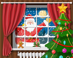 Santa in window of room with christmas tree and gifts. Happy new year...