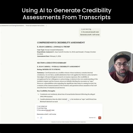 In this video, I reveal how using AI for transcript credibility review has changed my solo practice. Watch as I create a credibility assessment from publicly available transcripts so that I can better manage my limited time during the week. Edit: Fully aware that this is only an excerpt. That's why I didn't dive deeper into the analysis itself. Transcript Excerpt are from: Case:22-cv-10016-LAK Document 16-2 Filed 12/19/22 As an FYI, transcripts used can be found by going to this link: http://go.