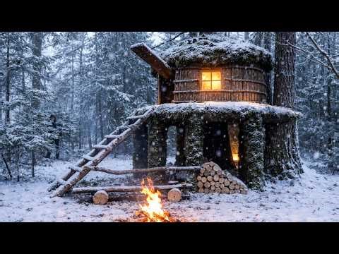 Building winter shelters for overnight stays in the forest, bushcraft, survival