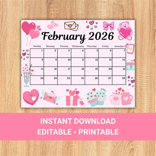 February 2026 Calendar Printable Editable, Cute Pink Calendar, Instant Download - Etsy