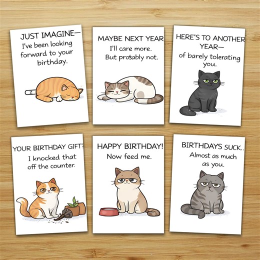 Funny Cat Birthday Cards, Cute Cat Lover Birthday Greeting Cards, Printable Cat Humor Card Set - Etsy