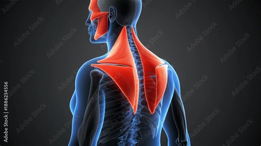 Medical visualization highlighting the Trapezius muscle anatomy on a posterior human skeleton view.