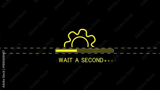 Yellow Gear and Progress Bar with " Wait a Second" Text on Black Background Keywords: wait, second, loading, progress, bar, gear, cogwheel, settings, mechanism, technology, digital, interface