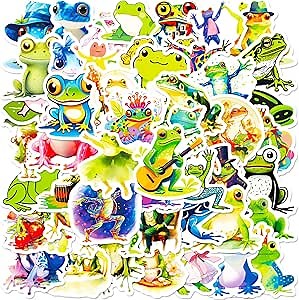 Anthropomorphic Frog Illustration Stickers – 50pcs Waterproof Vinyl Frog Art Decals for Journals, Laptops, Notebooks, Creative Workspace Decor
