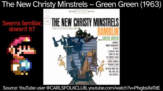 The Super Mario World theme is inspired by the 1963 song "Green Green". Nintendo planned a cheeky reference to this on the Satellaview by playing Green Green with the SMW soundfont, but this went unused, possibly due to the legal consequences of acknowledging the inspiration.