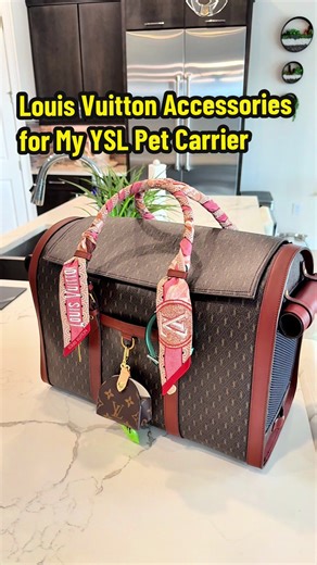 I added the Louis Vuitton pet waste bag holder and LV pink silk bandeaus to the handles of my YSL pet carrier. The Saint Laurent Le Monogramme Rive Droite carrier is the perfect size for my 7 pound Pomeranian. #louisvuitton #ysl #dogcarrier #luxuryhaul #richtok