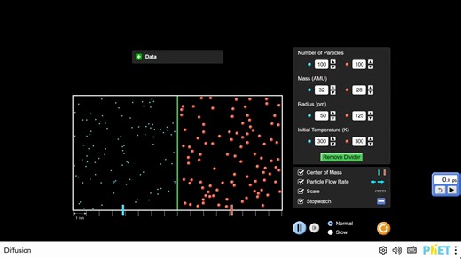PhET Interactive Simulations on Instagram: "The Diffusion simulation allows students to explore how two gases mix. Experiment with concentration, temperature, mass, and radius to determine how these factors affect the rate of diffusion. #Diffusion #Thermodynamics #Chemistry https://phet.colorado.edu/en/simulations/diffusion/"