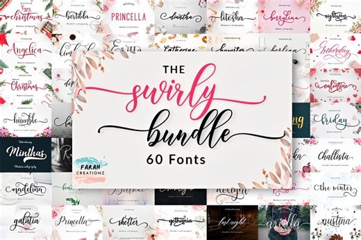 Swirly Fonts Bundle, 60 Elegant Script Calligraphy Font Families
