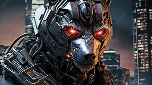 Futuristic cityscape featuring a stunning Metal Robot Wolf, offering a unique and captivating wallpaper in K resolution.