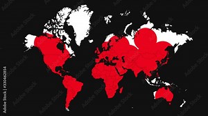 World map of the spread of coronavirus virus infection. Animated map with red circles appearing. 4K resolution.