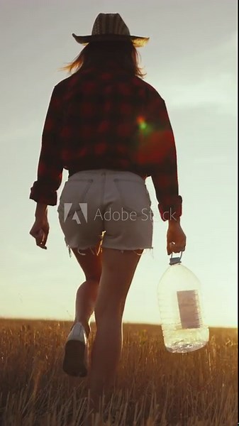 Slender woman walking alone in agricultural fields in morning, beautiful country . Female farmer moving to sun above horizon in sunset or sunrise, calmness and contemplation, unity person and nature