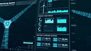 Futuristic wind turbine energy control center interface design, digital data network battery management system, green renewable power technology software, engineering iot HUD information 3d rendering