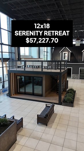 Sheds Unlimited🏡 on Instagram: "🚨 This isn’t just a building. It’s a blueprint for your own backyard getaway. This 12x18 Serenity Retreat is highly upgraded and fully loaded: ✔️ TimberTech decking ✔️ Spiral stair to a roof deck ✔️ LED strip lighting + Nickel Gap ceiling ✔️ Electric fireplace + flatscreen TV ✔️ Full electrical package + HVAC ✔️ Black LP Smart Panel exterior ✔️ Modern Interior Package: Pebbled Stucco panels, mitered trim, SW Tricorn Black 💰This featured model: $57,227.70 (befor