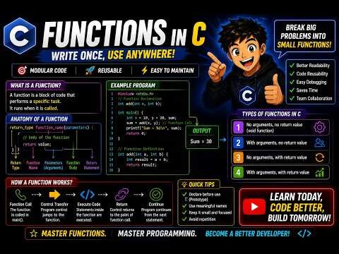 Functions in C Programming Explained |Function Declaration Definition & Function Call|C Tutorial #16