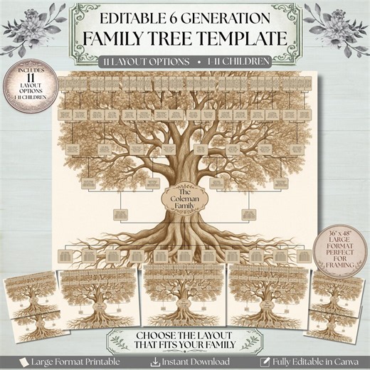 Editable 6 Generation Family Tree Template | Large Printable Genealogy Chart | Vintage Family Tree Canva Template - Etsy