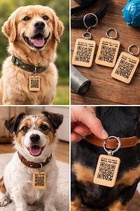 Personalized QR Code Pet ID Tag | Wooden Keychain, Emergency Info - Etsy