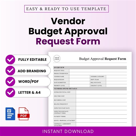 Vendor Budget Approval Request Form Template – Word & PDF, A4   US Letter - Etsy UK