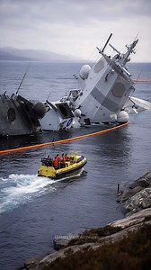 A close-up view of the half-sunk Norwegian frigate KNM Helge Ingstad shows the warship heavily listing with its stern partially submerged in cold, dark waters, the massive gray hull scarred and tilted at a dramatic angle after the collision. Sections of the superstructure remain visible above the surface, with radar masts and antenna arrays rising starkly against the overcast sky, while tugboats and containment booms surround the vessel in an effort to stabilize and prevent further sinking. The 