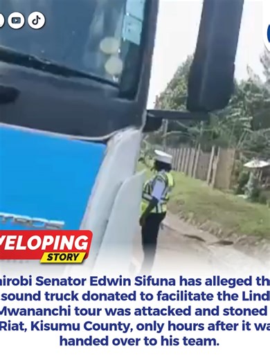 Nairobi Senator Edwin Sifuna has alleged that a sound truck donated to support the Linda Mwananchi tour was stoned in Riat, Kisumu County, just hours after it had been gifted to his team.#Sifuna #politics #kenya
