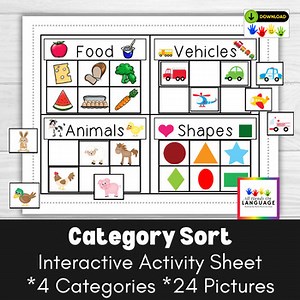 Category Sorting Activity, 4 Categories-24 Pictures, Speech Therapy & Autism