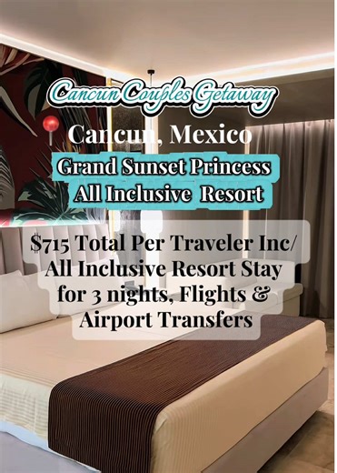 🌴✨ ALL-INCLUSIVE CANCUN COUPLES GETAWAY April 27–30, 2026 Only $715 per person (Based on double occupancy) Fly from NYC (JFK) → Cancun and enjoy a sun-filled escape at Grand Sunset Princess All Suites & Spa Resort a beachfront, all-inclusive resort perfect for couples, friends, or a quick spring reset 😍🌊 Package Includes: ✔️ Roundtrip flights from NYC (American Airlines) ✔️ 3-night all-inclusive resort stay ✔️ Junior Suite ✔️ Honeymoon inclusions ✔️ Shared roundtrip airport transportation Coc