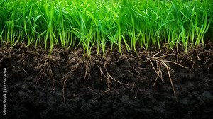 The relationship between grass roots and soil, highlighting root structures and soil layers in an agricultural setting