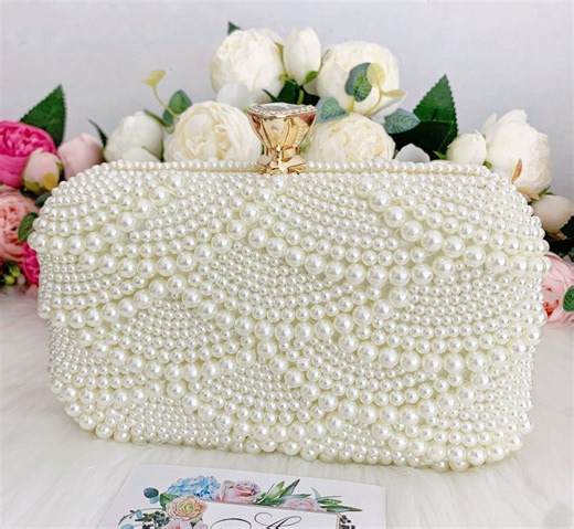 Beaded Pearl Clutch Bag, Bridal Evening Bag, Wedding Accessory