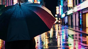 Download Urban Night Rain Scene with Umbrella Footage for free