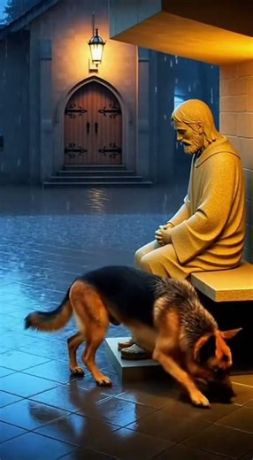German Shepherd Hides Under Jesus Statue in Church Courtyard ⛪✨