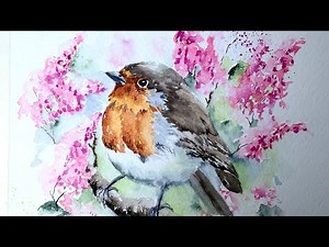 Watercolor robin on lilac bush paint along demo tutorial