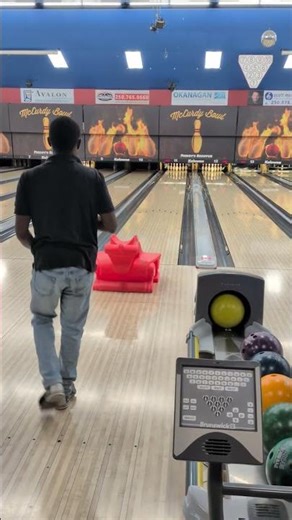 How to bowl using kiddie slide! Fun times at McCurdy bowling Kelowna.