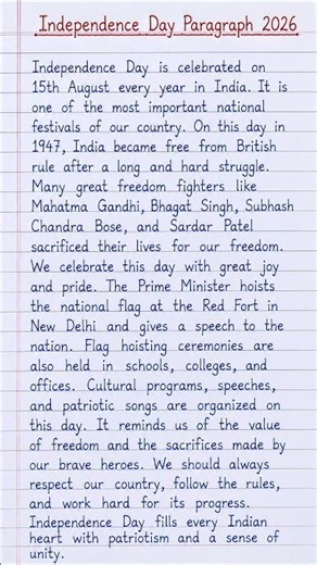 Independence Day Paragraph 2026 in English 🇮🇳 | Easy Paragraph | Neat Handwriting