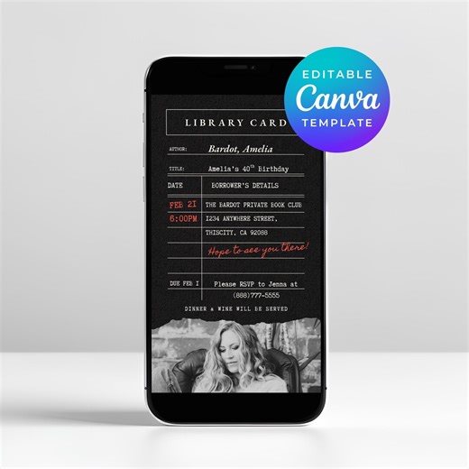 Library Card Birthday Invitation, Editable Photo E-invite, Animated Video Canva Template for Text Messaging, Digital 40th Party Invite 0153 - Etsy