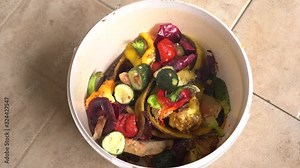 Food Waste Collection Container. Uneaten food products, plant trimmings, vegetable cuttings, eggshells and teabags. Sorting of household waste at home and kitchen