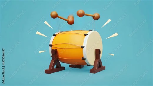 Vibrant 3 D Animation of a Drum with Sound Waves and Musical Notes Floating Above