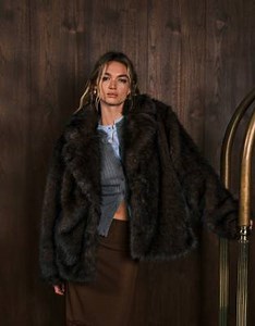 Monki oversized short faux fur coat with collar detail in dark chocolate brown | ASOS