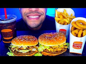 ASMR EATING BURGER KING IMPOSSIBLE WHOPPER BURGER WITH CHEESE X2 FROZEN COKE FRIES ONION RINGS JERRY