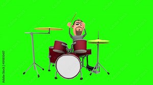 Animated male musician cartoon character plays drums in looping pattern then does a rock beat solo sequence multiple times in front of green screen background