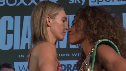 Mikaela Mayer vs. Alycia Baumgardner | FACE-OFF HIGHLIGHT: Mayer tries to kick Baumgardner during the face-off. 😯 [via SkySports] #mikaelamayer #alyciabaumgardner #mayerbaumgardner #shieldsmarshall #boxing #boxeo #womensboxing