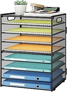 SUBEKYU 9 Tier Paper Organizer for Desk - Black Metal Mesh Letter Tray File Paper Sorter Organizer Include 6 Pcs Adjustable Height Slid Tray with Handles for Office School Home Organization Storage